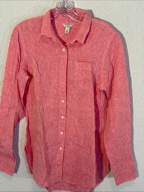 L.L. Bean Women’s Coral-Red Linen Button-Down Shirt 100% Linen Preppy feminine
